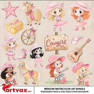 Cowgirl Watercolor Clipart Bundle | Western PNGs | Cute Rodeo Girls, Horses & Country Western Digital Art