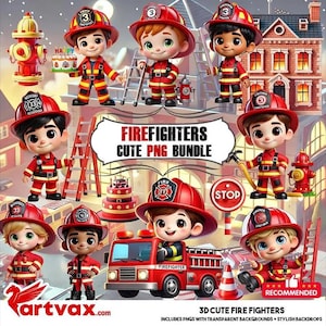 Puede incluir: Una ilustración digital de bomberos de dibujos animados con uniformes y cascos rojos. La imagen incluye un camión de bomberos, escaleras, bocas de incendio y el texto "Firefighters Cute PNG Bundle".