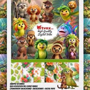 Può includere: Un pacchetto di arte digitale colorato con personaggi di animali dei cartoni animati. L'immagine include il testo "artvax.com High-Quality Digital Files" e dettagli sul pacchetto, come "SWAPPED 3D BUNDLE" e "HIGH-RESOLUTION PNG CLIPART BUNDLE".