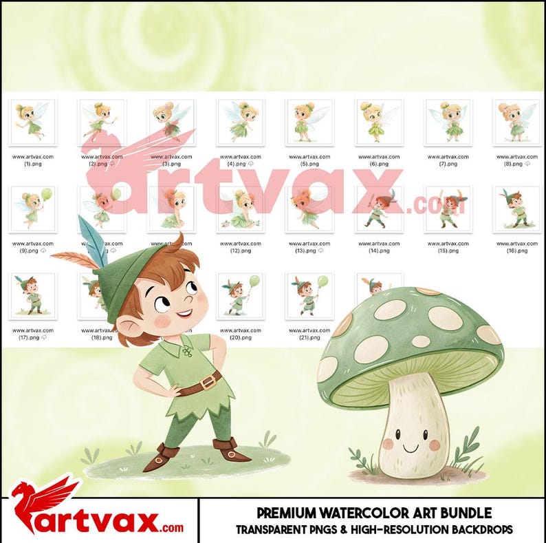 May include: A watercolor art bundle featuring illustrations of fairies, Peter Pan, and a mushroom. The images are in PNG format and include high-resolution backdrops. The art style is whimsical and suitable for various creative projects.