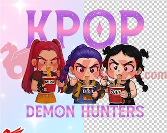 KPOP Demon Hunters Ramen PNG | Cute Chibi Kpop Girls Eating Noodles | Anime Style Sublimation PNG | Transparent Background Digital Download
