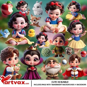 以下が含まれることがあります： 白雪姫、小人、その他の童話の要素を含む、かわいい3Dキャラクターデザインのコレクション。キャラクターは、鮮やかな色と詳細な特徴を持つ漫画スタイルで描かれています。画像には「CUTE 3D BUNDLE」と「INCLUDES PNGS WITH TRANSPARENT BACKGROUNDS + BACKDROPS」というテキストも含まれています。