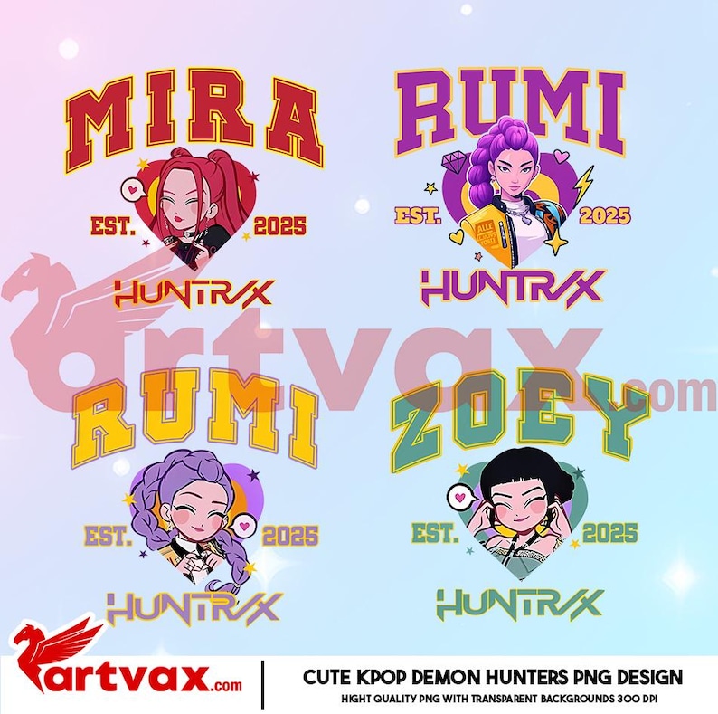 May include: Four colorful K-pop-themed designs featuring cartoon characters and text. Each design includes a name, "EST. 2025", and "HUNTR/X". The designs are in shades of red, purple, yellow, and green, with a light blue background.