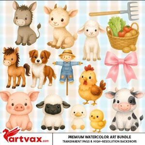 Farm Animals Watercolor Clipart Bundle | Cute Barnyard PNGs | Cow, Pig, Sheep, Chicken & Country Farm Art