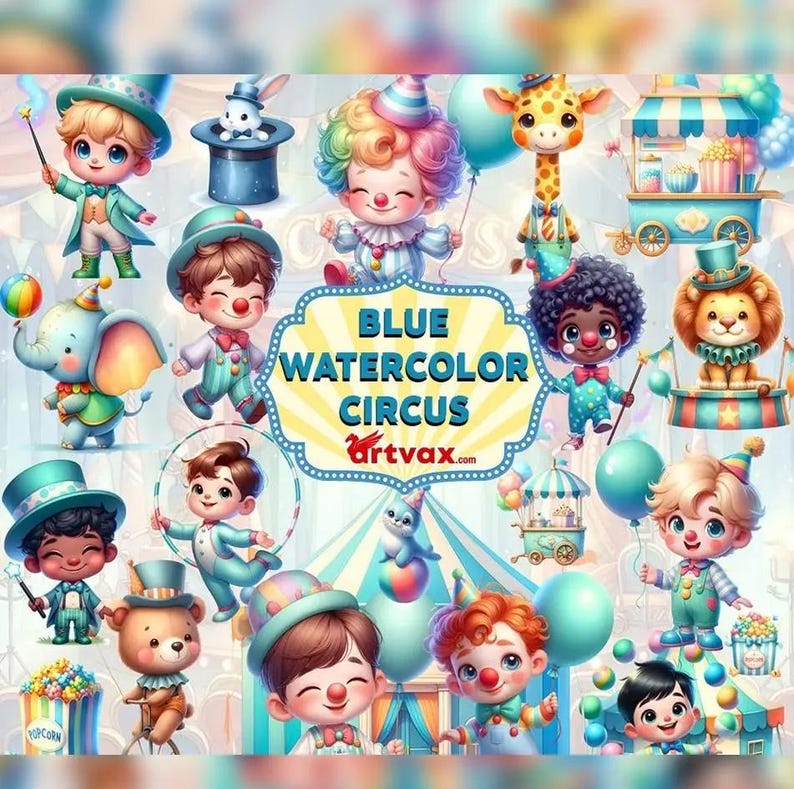 Blue Circus Clipart Bundle, Watercolor Carnival PNG, Cute Boy Birthday ...
