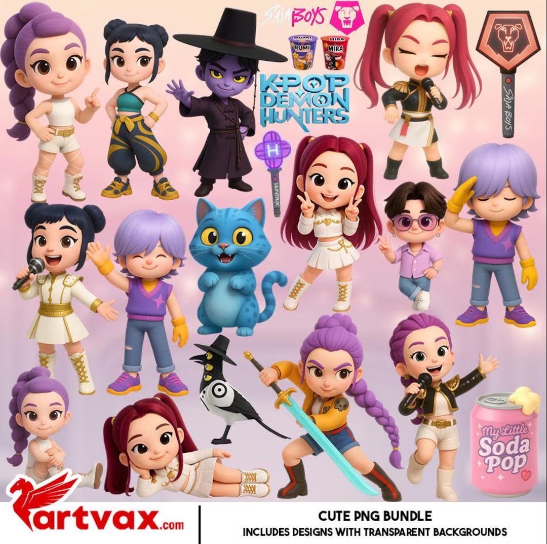 ゲームキャラクター k-pop Kpop Demon Hunter クリップアートバンドル、かわいい3Dアイドル