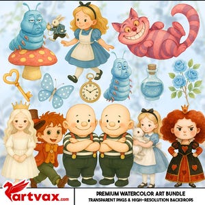 Alice im Wunderland Aquarell Clipart | Fantasie PNG Bündel | Niedliche Charaktere, Königin, Kaninchen & Grinsekatze
