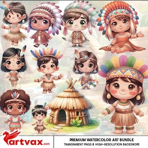 May include: A watercolor art bundle featuring multiple cartoon Native American characters with detailed headdresses and traditional clothing. The image includes a small hut and the text "PREMIUM WATERCOLOR ART BUNDLE TRANSPARENT PNGS & HIGH-RESOLUTION BACKDROPS".