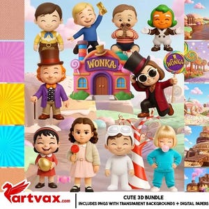 May include: A selection of vibrant 3D figurines based on the film "Willy Wonka & the Chocolate Factory." The figures feature characters such as Willy Wonka, Oompa Loompas, and children, alongside a Wonka factory and lollipops. The image includes the text "CUTE 3D BUNDLE."