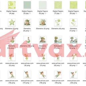 May include: A collection of digital papers, illustrations, and wallpapers featuring whimsical designs. The images include watercolor illustrations of mushrooms, stars, fairies, and woodland scenes. The color palette is primarily green, with accents of blue and purple.