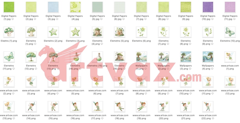 May include: A collection of digital papers, illustrations, and wallpapers featuring whimsical designs. The images include watercolor illustrations of mushrooms, stars, fairies, and woodland scenes. The color palette is primarily green, with accents of blue and purple.