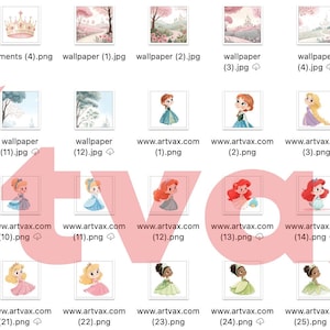 May include: A collection of digital art prints featuring fairytale castles, crowns, and princess illustrations. The color palette includes soft pinks, greens, and yellows. The prints are labeled with filenames and website addresses.