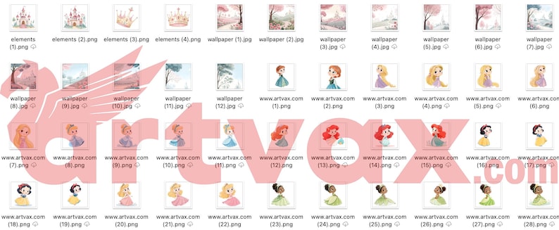 May include: A collection of digital art prints featuring fairytale castles, crowns, and princess illustrations. The color palette includes soft pinks, greens, and yellows. The prints are labeled with filenames and website addresses.