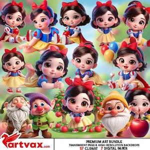 May include: A digital art bundle featuring multiple illustrations of Snow White in various poses, dressed in her iconic blue, yellow, and red outfit. The image includes Snow White with apples, balloons, and the seven dwarfs. The art style is cartoonish.