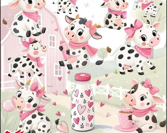 Cute Cow Watercolor Clipart Bundle | Baby Cow PNG | Farm Animal Nursery Wall Art, Kids Birthday, Scrapbooking, Sublimation Designs