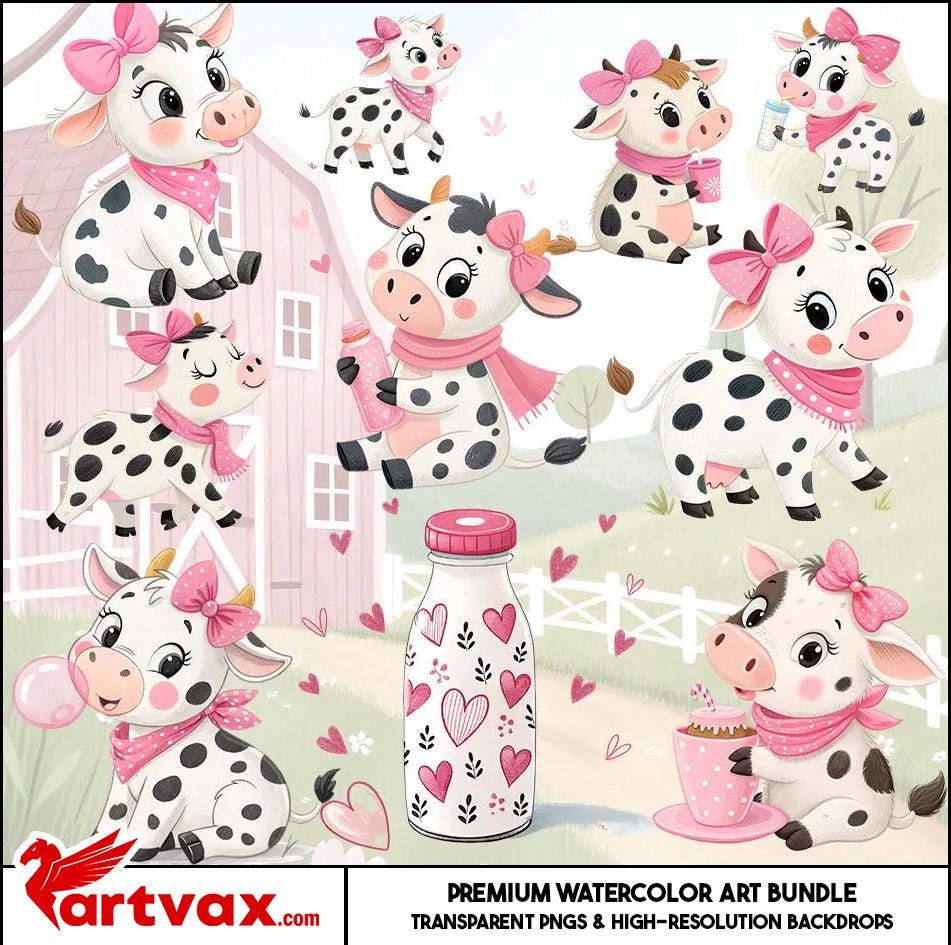 Cute Cow Watercolor Clipart Bundle | Baby Cow PNG | Farm Animal Nursery ...
