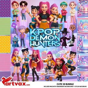 May include: A vibrant digital illustration featuring multiple 3D cartoon characters, including several female figures with pink hair. The central text reads "K-Pop Demon Hunters." The image also includes various props and background elements, with the text "Cute 3D Bundle" at the bottom.