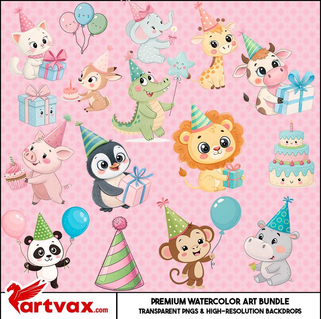 Party Animals Watercolor Clipart Bundle | Cute Birthday Pngs | Jungle ...