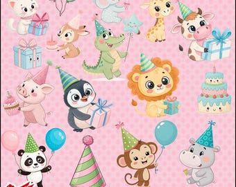 May include: A collection of watercolor illustrations of cute animals, including a cat, elephant, giraffe, cow, pig, penguin, lion, panda, monkey, and hippo, all wearing party hats and holding gifts or balloons. The background is pink with a dotted pattern.