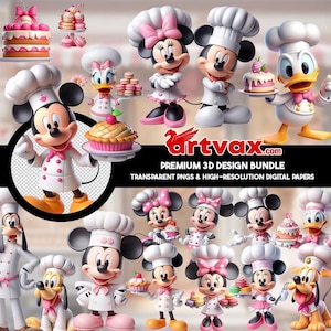 May include: A digital design bundle featuring various cartoon characters dressed as chefs, including Mickey Mouse, Minnie Mouse, and Donald Duck. The characters are holding desserts like cakes and macarons. The image includes the text "artvax.com" and "PREMIUM 3D DESIGN BUNDLE".