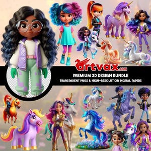 Op de afbeelding: Een verzameling 3D-ontwerpelementen met poppen en eenhoorns. De poppen hebben verschillende kapsels en outfits. De eenhoorns zijn in verschillende kleuren en poses. De afbeelding bevat de tekst "Premium 3D Design Bundle" en "Transparent PNGs & High-Resolution Digital Papers."