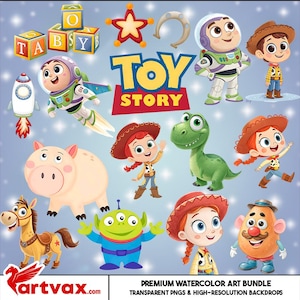 Toy Story Watercolor Clipart Bundle | Woody, Buzz Lightyear, Jessie, Rex & Alien PNGs | Cartoon Birthday Party Art