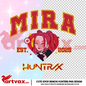 May include: A digital graphic design featuring the word "MIRA" in red, outlined in gold, above an illustration of a woman with red hair. The design includes the text "EST. 2025" and "HUNTRX".