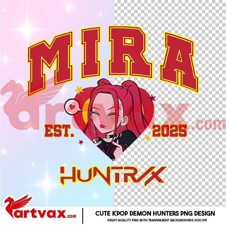 May include: A digital graphic design featuring the word "MIRA" in red, outlined in gold, above an illustration of a woman with red hair. The design includes the text "EST. 2025" and "HUNTRX".