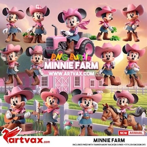 May include: A digital illustration featuring Minnie Mouse in a farm setting. Minnie is depicted in a pink cowboy hat, denim overalls, and brown boots. The image includes a pink tractor, a barn, and the text "PNG Bundle MINNIE FARM".