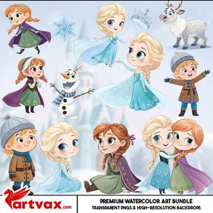Frozen Watercolor Clipart Bundle | Ice Princess PNGs | Cute Winter Characters, Snowman & Castle Digital Art