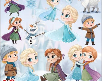 Frozen Watercolor Clipart Bundle | Ice Princess PNGs | Cute Winter Characters, Snowman & Castle Digital Art
