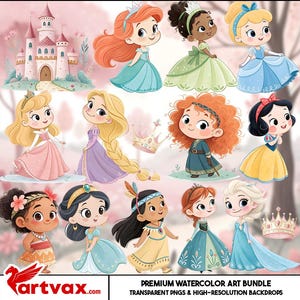Princess Watercolor Clipart Bundle | Cute Princess PNGs | Fairytale Castle, Crown & Princess Party clipart