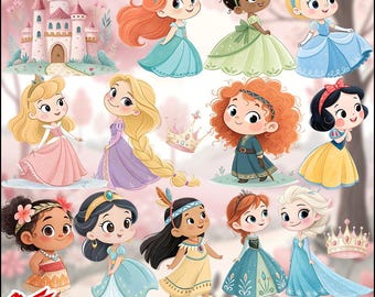 May include: A watercolor art bundle featuring illustrations of various cartoon princesses in colorful gowns. The image includes a pink castle and crowns, with the text "Premium Watercolor Art Bundle Transparent PNGs & High-Resolution Backdrops."