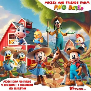 Puede incluir: Ilustración digital de Mickey Mouse, Minnie Mouse, Donald, Daisy y Goofy con atuendos de granja. La imagen incluye un granero rojo, un caballo y pollos. El texto dice "Mickey and Friends Farm PNG Bundle."