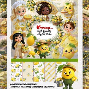 Op de afbeelding: Een digitale collectie van citroen-thema illustraties met stripfiguren, kinderen in gele outfits en citroenpatronen. Het centrale logo leest Artvax.com High-Quality Digital Files, met tekst onderaan die High-Resolution PNG Clipart Bundle vermeldt.
