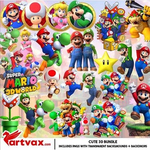 Puede incluir: Una colección de gráficos coloridos de personajes de Super Mario 3D World, incluyendo a Mario, Luigi, la Princesa Peach, Toad y Yoshi. La imagen presenta varias poses y escenas, con una estrella amarilla y un bloque de interrogación. El texto "SUPER MARIO 3D WORLD" también es visible.