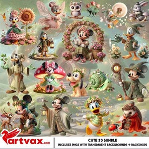 Könnte beinhalten: Eine farbenfrohe digitale Illustration mit 3D-Charakteren wie Mickey und Minnie Mouse, Donald Duck und Goofy in einem fantastischen Garten. Die Charaktere sind mit Blumen geschmückt und von Schmetterlingen und Pilzen umgeben. Der Text "CUTE 3D BUNDLE" ist enthalten.