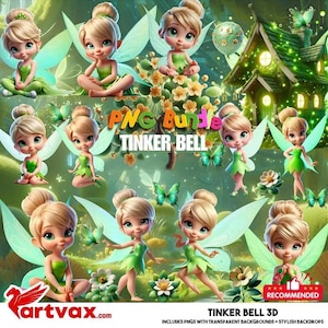 Puede incluir: Un paquete de arte digital con múltiples imágenes de Campanilla en varias poses, con vestidos verdes y alas de hada. Las imágenes incluyen mariposas, flores y una casa de hadas. El texto "PNG Bundle" y "Tinker Bell" son visibles.