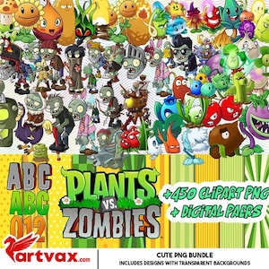 May include: A digital art bundle featuring characters from Plants vs. Zombies. The image includes various plant and zombie characters, along with the game's logo and the text "+450 Clipart PNG + Digital Paers". The art is colourful and cartoonish.
