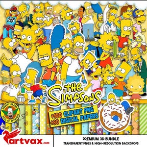 Puede incluir: Un vibrante paquete de arte digital con numerosos personajes de la serie de dibujos animados Los Simpson. La imagen incluye el logotipo del programa, ilustraciones de personajes y el texto "+100 CLIPART PNG +80 DIGITAL PAPERS".