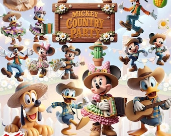 May include: A digital art bundle featuring Mickey Mouse and friends in a country theme. The image includes characters like Mickey, Minnie, Donald, and Goofy, dressed in cowboy attire, playing instruments, and a sign that reads "Mickey Country Party".
