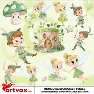 Może przedstawiać: Ilustracja akwarelowa przedstawiająca wróżki, grzyby i dom w pniu drzewa. Wróżki są przedstawione w zielonych sukienkach i ze skrzydłami. Obraz ma kapryśny, bajkowy motyw. Tekst na dole brzmi "PREMIUM WATERCOLOR ART BUNDLE TRANSPARENT PNGS & HIGH-RESOLUTION BACKDROPS."