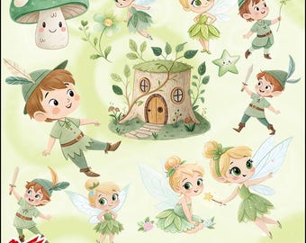 Peter Pan Watercolor Clipart Bundle | Fairy PNGs | Cute Fantasy Characters, Tinkerbell & Magical Forest Art, For Birthday or any party decor