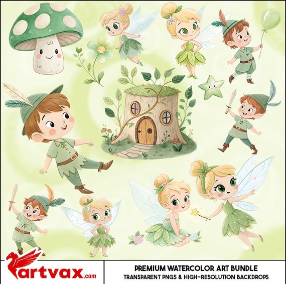 Peter Pan Watercolor Clipart Bundle | Fairy PNGs | Cute Fantasy Characters, Tinkerbell & Magical Forest Art, For Birthday or any party decor