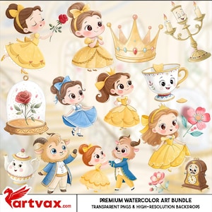 Puede incluir: Un conjunto de arte en acuarela con ilustraciones de una princesa, una corona, una taza de té, una tetera, un reloj y un candelabro. Los personajes visten vestidos amarillos y azules. Incluye el texto "Premium Watercolor Art Bundle".
