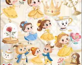 May include: A watercolor art bundle featuring illustrations of a princess, a crown, a teacup, a teapot, a clock, and a candelabra. The characters are in yellow and blue dresses. The image includes the text "Premium Watercolor Art Bundle".