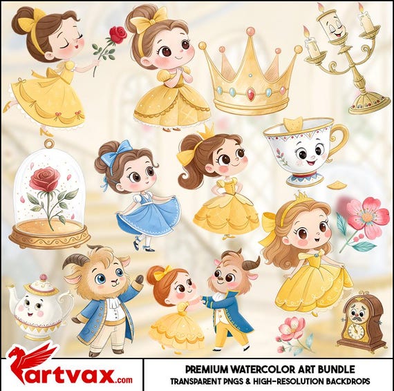Beauty and the Beast Watercolor Clipart Bundle | Princess Belle PNGs | Cute Beast, Rose & Fairytale Png Bunlde