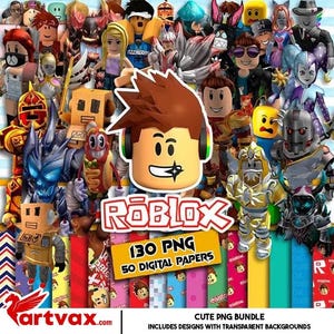 May include: A digital art bundle featuring numerous Roblox characters and designs. The image includes the Roblox logo, text indicating 130 PNG files and 50 digital papers, and the phrase "Cute PNG Bundle". The background features various colorful patterns.