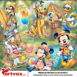 May include: Watercolor illustration featuring Disney characters Goofy, Pluto, Donald Duck, Daisy Duck, Mickey Mouse, and Minnie Mouse in tropical vacation attire. Includes surfboards, cocktails, luggage, and beach accessories. The image has the text "PREMIUM WATERCOLOR BUNDLE TRANSPARENT PNGS & HIGH-RESOLUTION BACKDROPS".