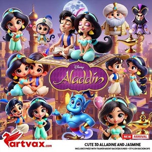 May include: A vibrant digital illustration featuring characters from Disney's Aladdin. The image showcases Aladdin, Jasmine, the Genie, and other characters in a cartoon style. The background includes a cityscape and the text "Aladdin".